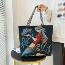 1入女孩刺繡復古時尚帆布肩袋,最佳親友禮物,有五種款式可選擇,超大容量,時尚單品 - 彩色 - 查看 8