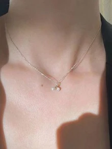 1 件水鑽珍珠櫻桃吊墜項鍊 - 銀色 - 查看 2