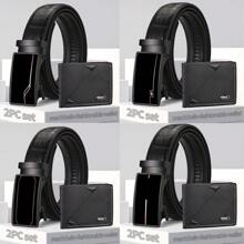 2入組男士皮帶 + 錢包套裝,全新鱷魚紋黑色商務時尚休閒黑色配件pu自動扣牛仔多功能皮帶,適合父親,男友,兄弟,丈夫聖誕節禮物,青少年生日皮帶 - 紅色 - 查看 1