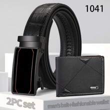 2入組男士皮帶 + 錢包套裝,全新鱷魚紋黑色商務時尚休閒黑色配件pu自動扣牛仔多功能皮帶,適合父親,男友,兄弟,丈夫聖誕節禮物,青少年生日皮帶 - 紅色 - 查看 4