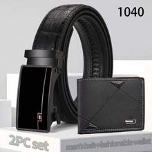 2入組男士皮帶 + 錢包套裝,全新鱷魚紋黑色商務時尚休閒黑色配件pu自動扣牛仔多功能皮帶,適合父親,男友,兄弟,丈夫聖誕節禮物,青少年生日皮帶 - 紅色 - 查看 3