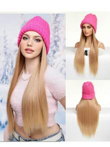 淺棕色長直合成頭髮 26 吋接髮保暖柔軟滑雪針織秋冬帽,合成假髮可調節假髮耐熱纖維帶接髮假髮 - 粉棕色 - 查看 2