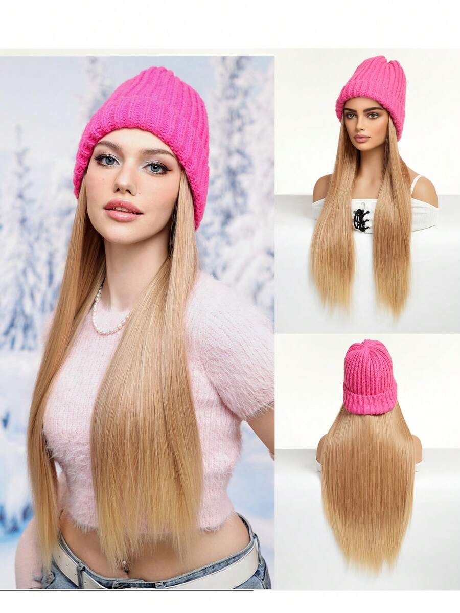 淺棕色長直合成頭髮 26 吋接髮保暖柔軟滑雪針織秋冬帽,合成假髮可調節假髮耐熱纖維帶接髮假髮