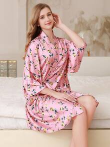 1件女士浴袍,聚酯花卉印花緞面睡衣浴衣,女士睡衣和家居服 - 粉色 - 查看 4