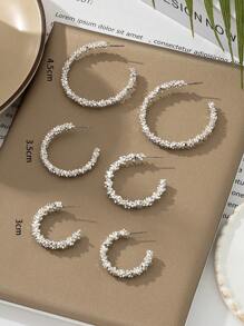 3 Pairs Asymmetrical Gear Circle Hoop Earrings Set, Minimalist European & American Style, Assorted Sizes - Silver - View 5