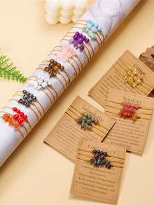 3 件石手鍊套裝：黃水晶、晶和混合石串珠手鍊,配有手工編織銅珠 - 黑色 - 查看 1