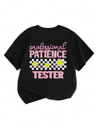 Young Girls' Round Neck Casual T-Shirt With Letter Print