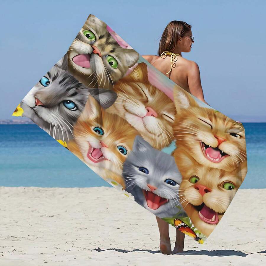 1pc Large Beach Towel, Lovely Cat Print, A Must-Have For Travel, Vacation, Swimming, Camping, Resort Gift For Men, Women And Adults - Multicolor - View 1