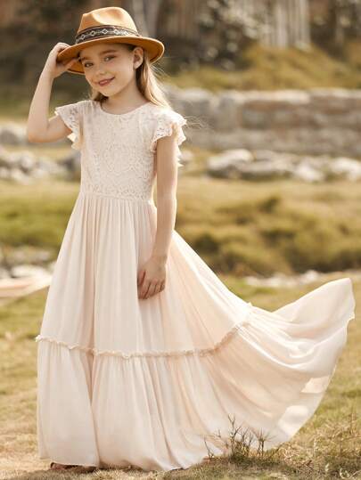 Tween 女童纯色拼布蕾丝盖袖秋千连衣裙