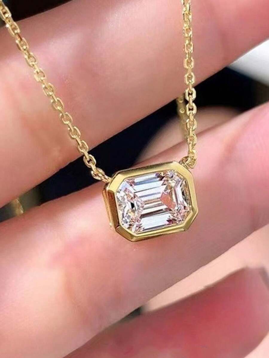 BALMORA 1pc Simple & Versatile S925 Sterling Silver Cubic Zirconia Rectangle Pendant Necklace - Gold - View 1