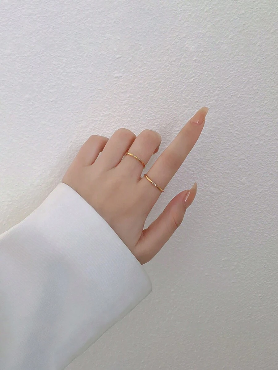 2pcs Sweet & Simple Fashionable Ultra-Thin Titanium Steel Rings With One Or Three Micro-Inlaid Round Gemstone/ Stones - Yellow Gold - View 1