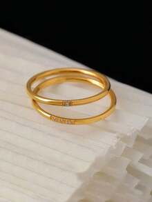 2pcs Sweet & Simple Fashionable Ultra-Thin Titanium Steel Rings With One Or Three Micro-Inlaid Round Gemstone/ Stones - Yellow Gold - View 2