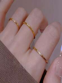 2pcs Sweet & Simple Fashionable Ultra-Thin Titanium Steel Rings With One Or Three Micro-Inlaid Round Gemstone/ Stones - Yellow Gold - View 4