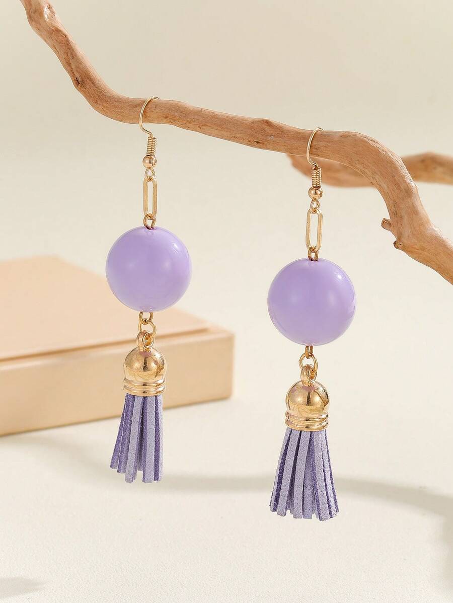 1 對薰衣草紫色壓克力珠流蘇鉤形耳環,簡約甜美優雅女式珠寶 - 淡紫色 - 查看 1