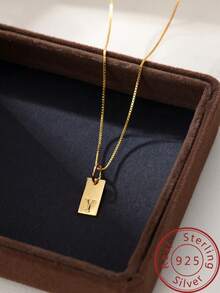 Under the banyan tree 1 件簡單方形 26 個英文字母 925 純銀吊墜項鍊,多功能女式鎖骨鏈 - 金色 - 查看 22