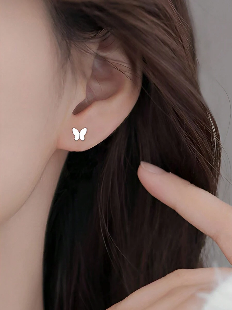 1 đôi bông tai hình con bướm thời trang bằng bạc cho phụ nữ để trang trí hàng ngày - Bạc - Xem 1