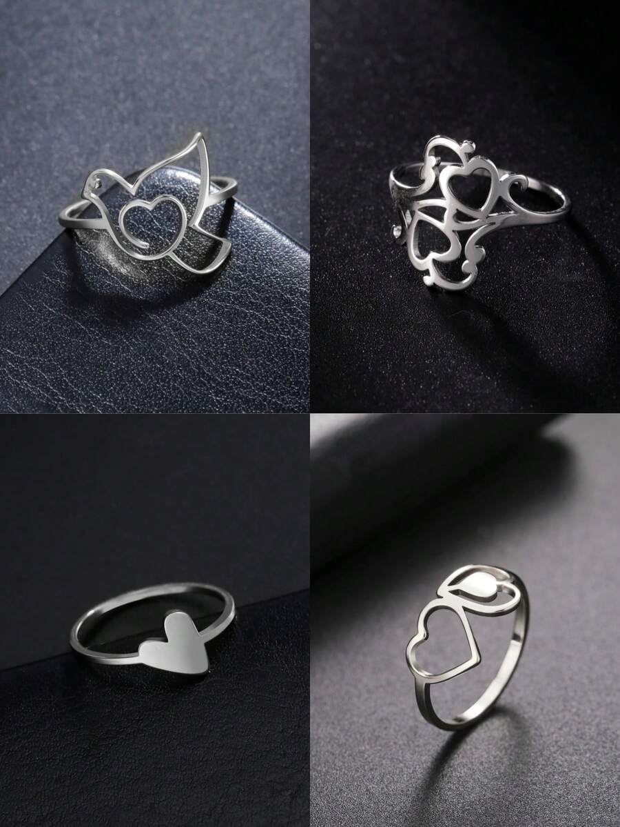 1只不銹鋼鑽孔鳥&雙心設計戒指,適用於女性日常佩戴,是給女友或朋友的情人節禮物 - 愛心 - 查看 1