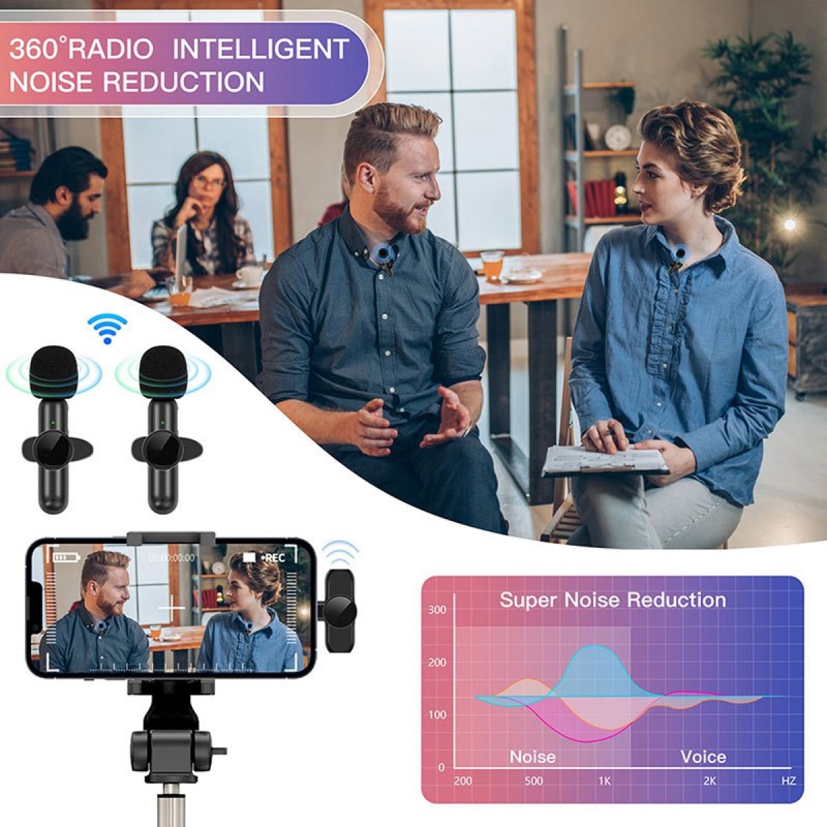 FSXEU Microfono Lavalier senza fili per Iphone/Android/Pc, Mini microfono a bavero con cancellazione del rumore, compatibile per la registrazione video, Vlog, interviste, Youtube, Tiktok