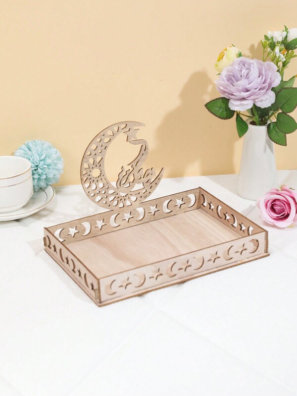 1pc Wooden Tray With Moon & Star Design