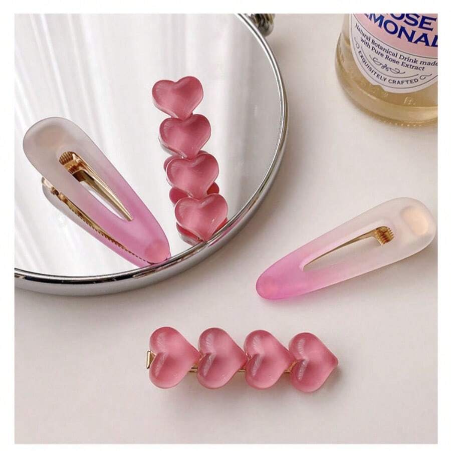 4pcs/Set Gradient Heart Shaped Hair Clip For Girls' Sweet Side And Fringe Hair Accessory In Summer - Dusty Pink - View 1