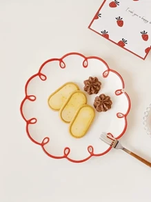 1pc White Ceramic Plate With Red Trim Edge, Ins Style Glazed Simple Vintage Wavy Pattern Plate, Cake Plate, Household Ceramic Tableware, Fruit Plate, Breakfast Plate, Steak Plate, Bread Plate Christmas Gift,School Supplies