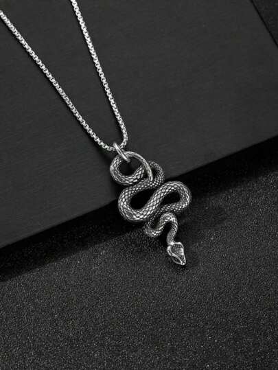 1pc Men'S Punk Style 304 Stainless Steel Snake Shaped Pendant Necklace, Antique Silver Color, Suitable For Daily Wear And As Gift For Boyfriend