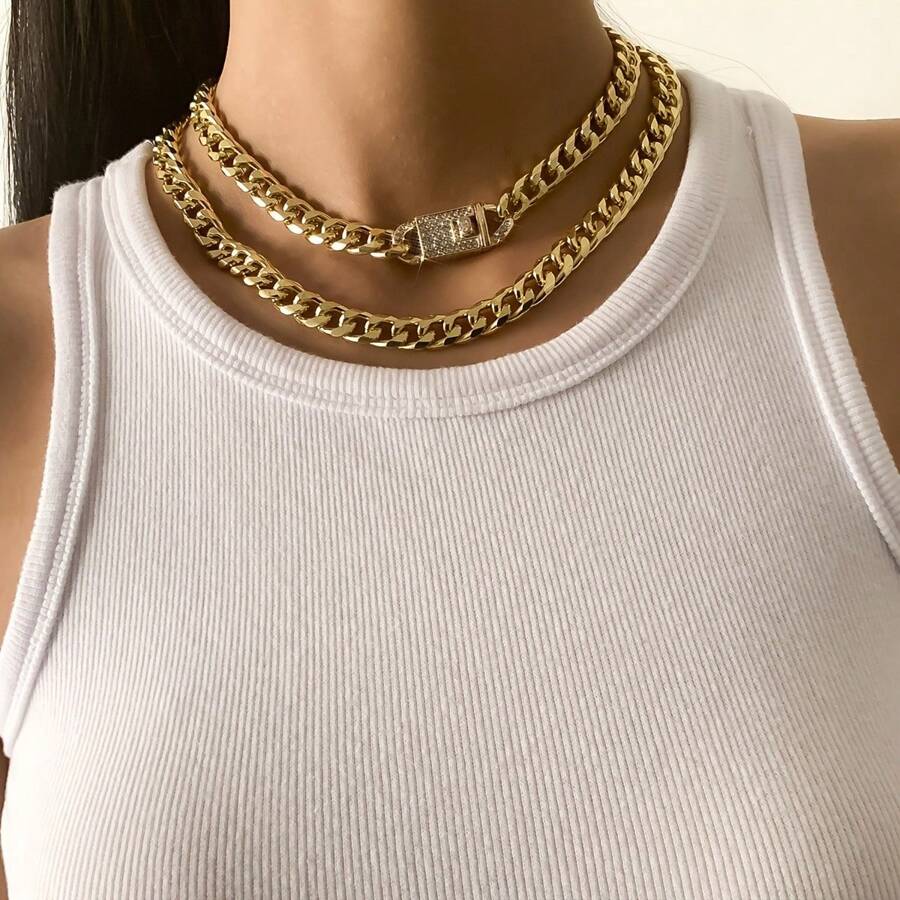 2 Pcs Chunky Chain Necklace Inlaid Shiny Rhinestone Adjustable Hip Hop Style Punk Necklace Set - Chain - View 1