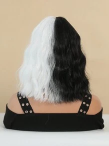 7JHH WIGS 14 英寸短款波浪双色黑白假发，适合女士齐肩卷发波波头假发，带刘海，高品质合成纤维头发，斑点和怪异哥特式女巫服装假发，适合女孩万圣节角色扮演服装 - 主题派对使用（社交媒体照片分享） - 拼色 - 查看 7