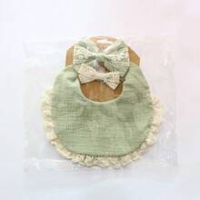 3 件/套可调节女婴蝴蝶结头带、围兜和拍嗝布套装、荷叶边双面防水口水围兜 - 綠色 - 查看 4