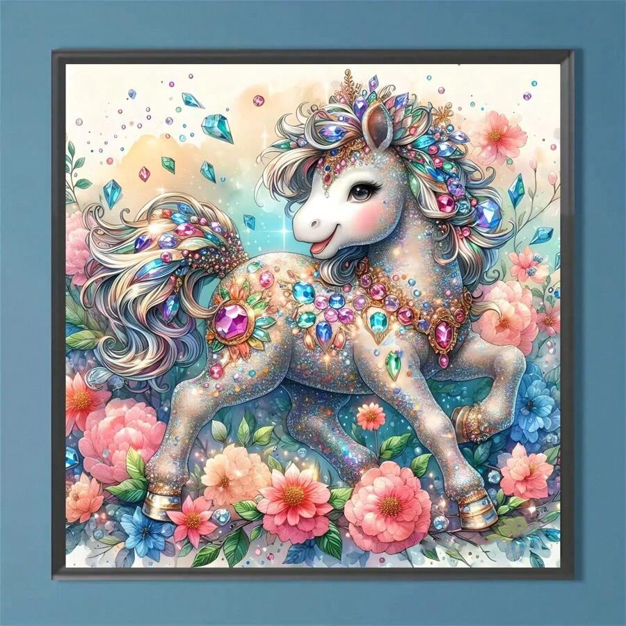 5d Diy鑽石畫,彩色卡通馬設計,無框家居裝飾手工藝品,1入組 - 彩色 - 查看 1