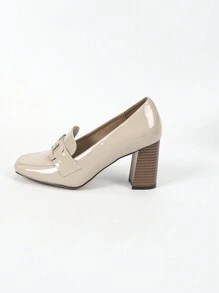 2024新款女士复古英伦风高帮简约时尚舒适百搭通勤玛丽珍方头高跟鞋红棕色条纹彩绘粗跟乐福鞋，适合春、秋、四季穿着，经典正式、街头、优雅高端的社交名媛风格，精致水晶光泽水性PU皮革，方便长时间行走和站立。 - 米色 - 查看 7