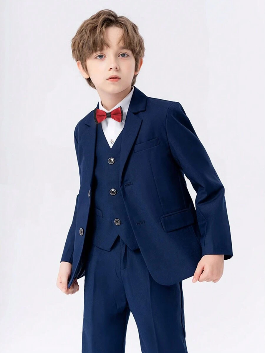 4pcs Young Boy Formal Suit Set, Including Jacket, Vest, Pants And Bow Tie, For Autumn/Winter - Navy Blue - View 1