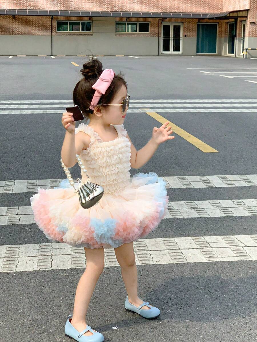 年輕女孩1入組可愛甜美公主風格蕾絲肩帶蓬鬆蛋糕層短裙洋裝，適合春夏派對和沙灘穿著 - 米色 - 查看 1