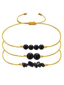 3 件石手鍊套裝：黃水晶、晶和混合石串珠手鍊,配有手工編織銅珠 - 黑色 - 查看 3