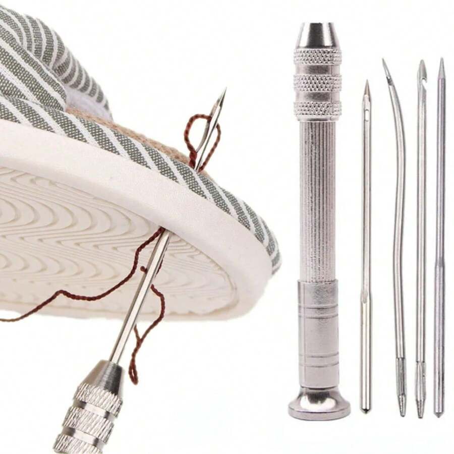 Leather Sewing Awl Set Replaceable Multifunctional Shoes Repair Tool Kit Punch Stitching Needles DIY Sewing Leathercraft - Silver - View 1