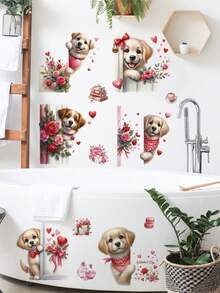 9入組情人節愛心形狀的壁貼,店內玻璃裝飾貼紙,可愛狗和玫瑰圖案pvc牆貼,浪漫的禮品標籤 - 彩色 - 查看 4