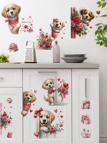 9入組情人節愛心形狀的壁貼,店內玻璃裝飾貼紙,可愛狗和玫瑰圖案pvc牆貼,浪漫的禮品標籤 - 彩色 - 查看 2