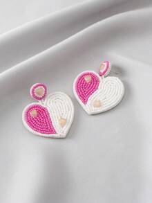 New Arrival Valentine's Day Heart Shape Beaded Earrings, Original Design Handmade Knit Bohemian Style Earrings - Hot Pink - View 3