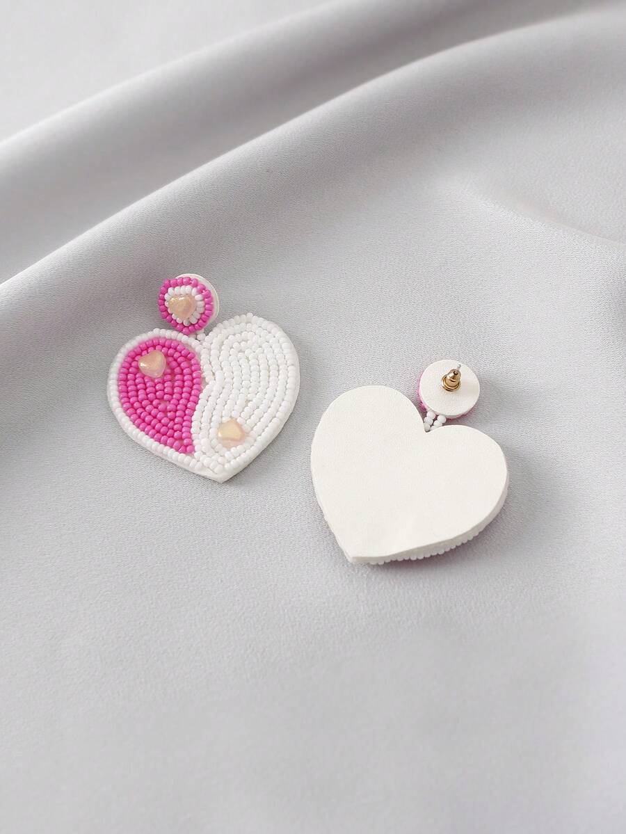New Arrival Valentine's Day Heart Shape Beaded Earrings, Original Design Handmade Knit Bohemian Style Earrings - Hot Pink - View 1