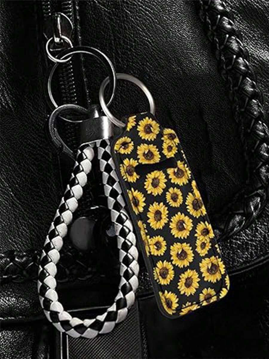1pc/3pcs Lipstick Organizer Bag, Protective Sleeve, Portable And Waterproof, Can Be Attached To Keychain Or Purse - Black Sunflower - View 1