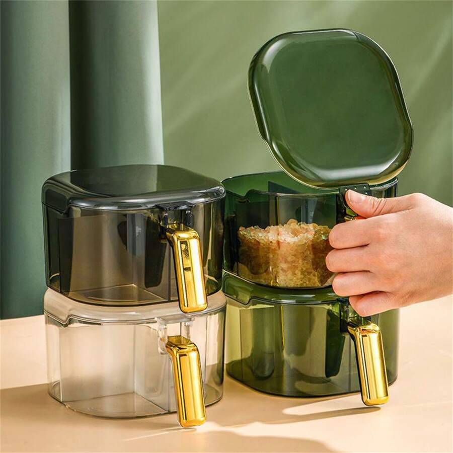 1pc Plastic Seasoning Box With Lid And Spoon For Kitchen Condiment Storage Organizer - Upgraded Gold-plated Model-transparent Black [four-part Grid/free Spoon] - View 1