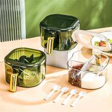 1pc Plastic Seasoning Box With Lid And Spoon For Kitchen Condiment Storage Organizer - Upgraded Gold-plated Model-transparent Black [four-part Grid/free Spoon] - View 4