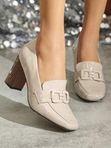 2024新款女士复古英伦风高帮简约时尚舒适百搭通勤玛丽珍方头高跟鞋红棕色条纹彩绘粗跟乐福鞋，适合春、秋、四季穿着，经典正式、街头、优雅高端的社交名媛风格，精致水晶光泽水性PU皮革，方便长时间行走和站立。 - 米色 - 查看 1