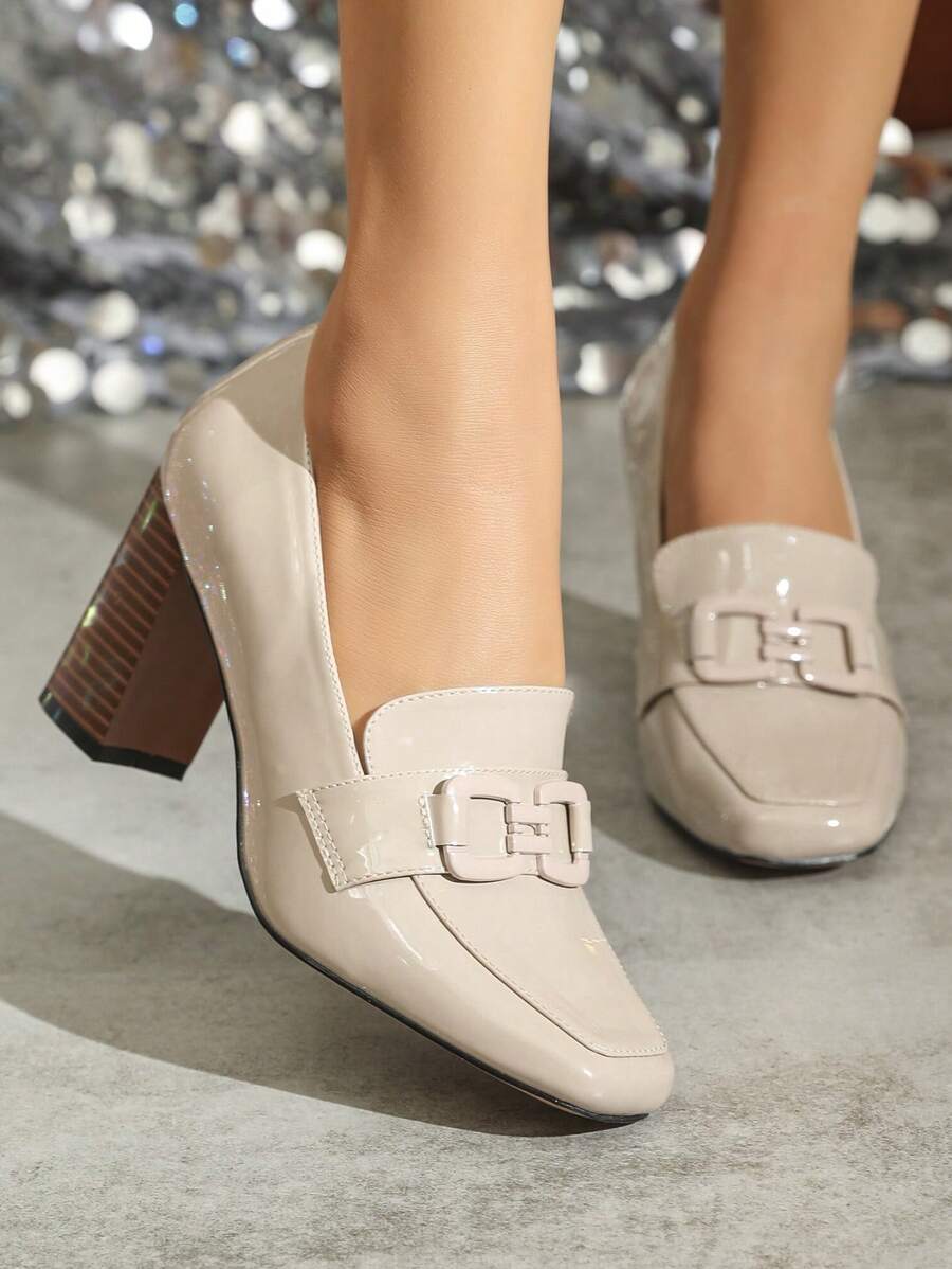 2024新款女士复古英伦风高帮简约时尚舒适百搭通勤玛丽珍方头高跟鞋红棕色条纹彩绘粗跟乐福鞋，适合春、秋、四季穿着，经典正式、街头、优雅高端的社交名媛风格，精致水晶光泽水性PU皮革，方便长时间行走和站立。 - 米色 - 查看 1