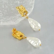 Asymmetrical Design Faux Pearl Decor Long Vintage Style Earrings With Minimalist & Versatile Personalized - Gold - View 4