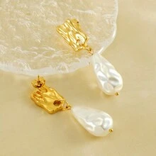 Asymmetrical Design Faux Pearl Decor Long Vintage Style Earrings With Minimalist & Versatile Personalized - Gold - View 2