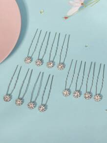 12pcs Women's Wedding Bridal Hair Pin Set, Basic Style Rhinestone Designed Round Shape Hairpin Elegant Party Valentine's Day Accessories - Silver - View 4