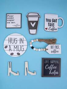 1套簡約咖啡主題多層盤裝飾,木製手工桌面飾品,適用於家居 - 彩色 - 查看 4