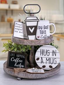 1套簡約咖啡主題多層盤裝飾,木製手工桌面飾品,適用於家居 - 彩色 - 查看 2