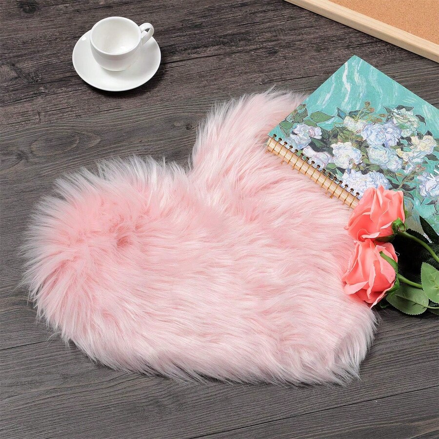 1pc Soft And Fluffy Faux Knitted Pink HeartShaped Carpet Rug, NonSlip